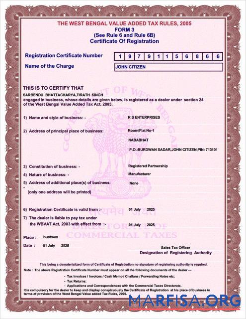 Realistic India West Bengal certificate of VAT registration Word and PDF template